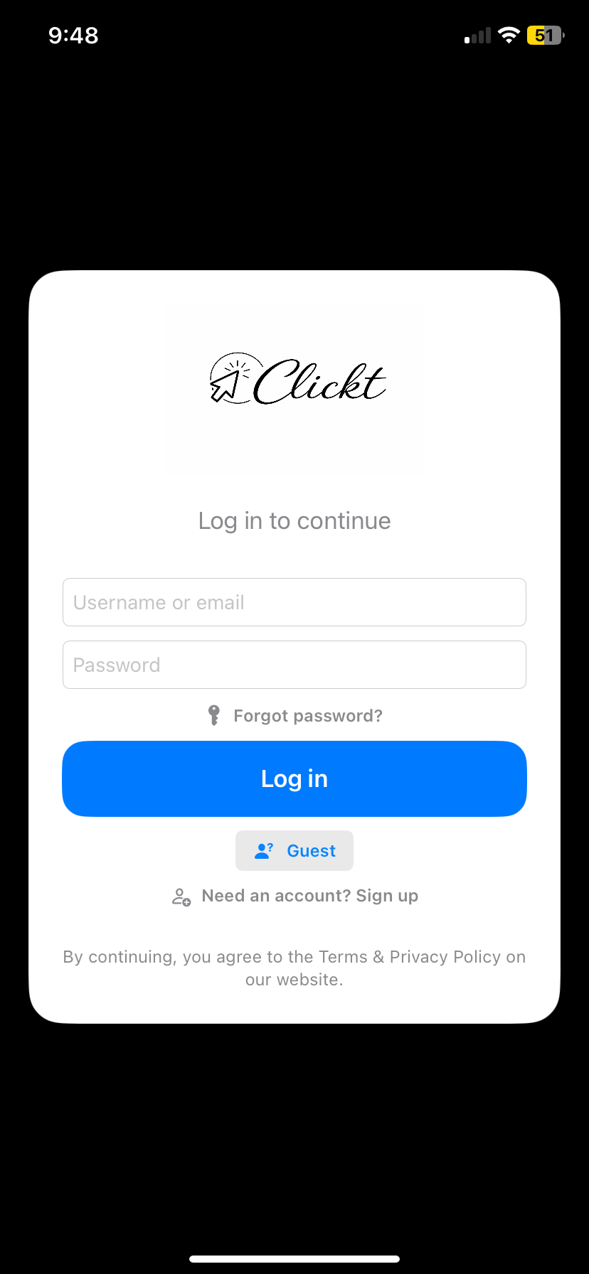 Signing in to Clickt 1